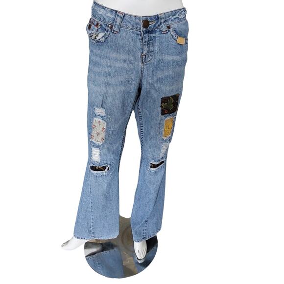 CACHE Distressed Boho Hippie Patch Boot Flare Jeans Size 10 - Picture 3 of 8